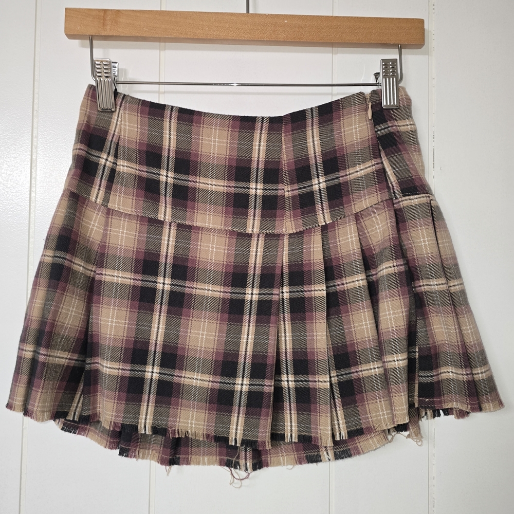 Plaid Pleated Mini Skirt (Skort) in Beige, Black & Mauve